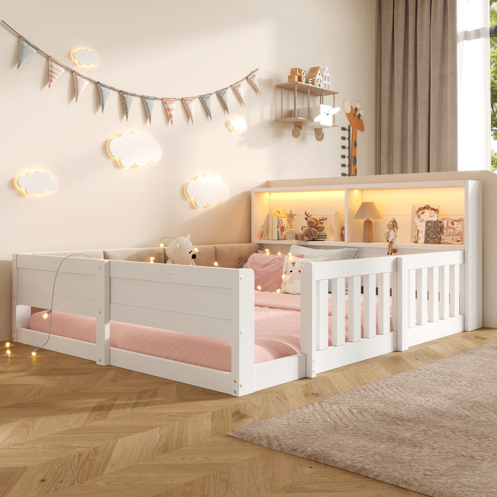 Letto bambino 140×200 cm con testiera contenitore; LED e sponde di sicurezza; senza materasso; bianco