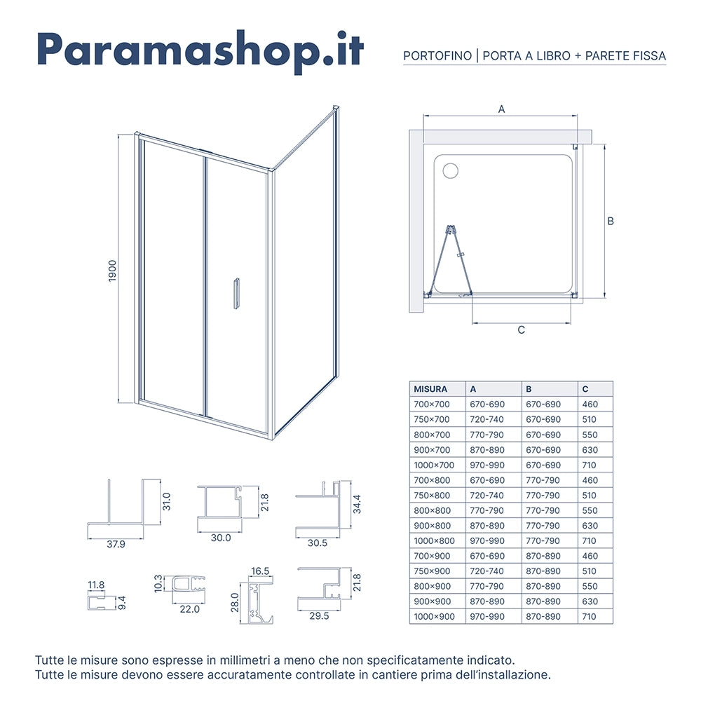 Box doccia slim 90x80cm con porta a libro e parete fissa profili cromati e vetro 6mm trasparente h190| Portofino
