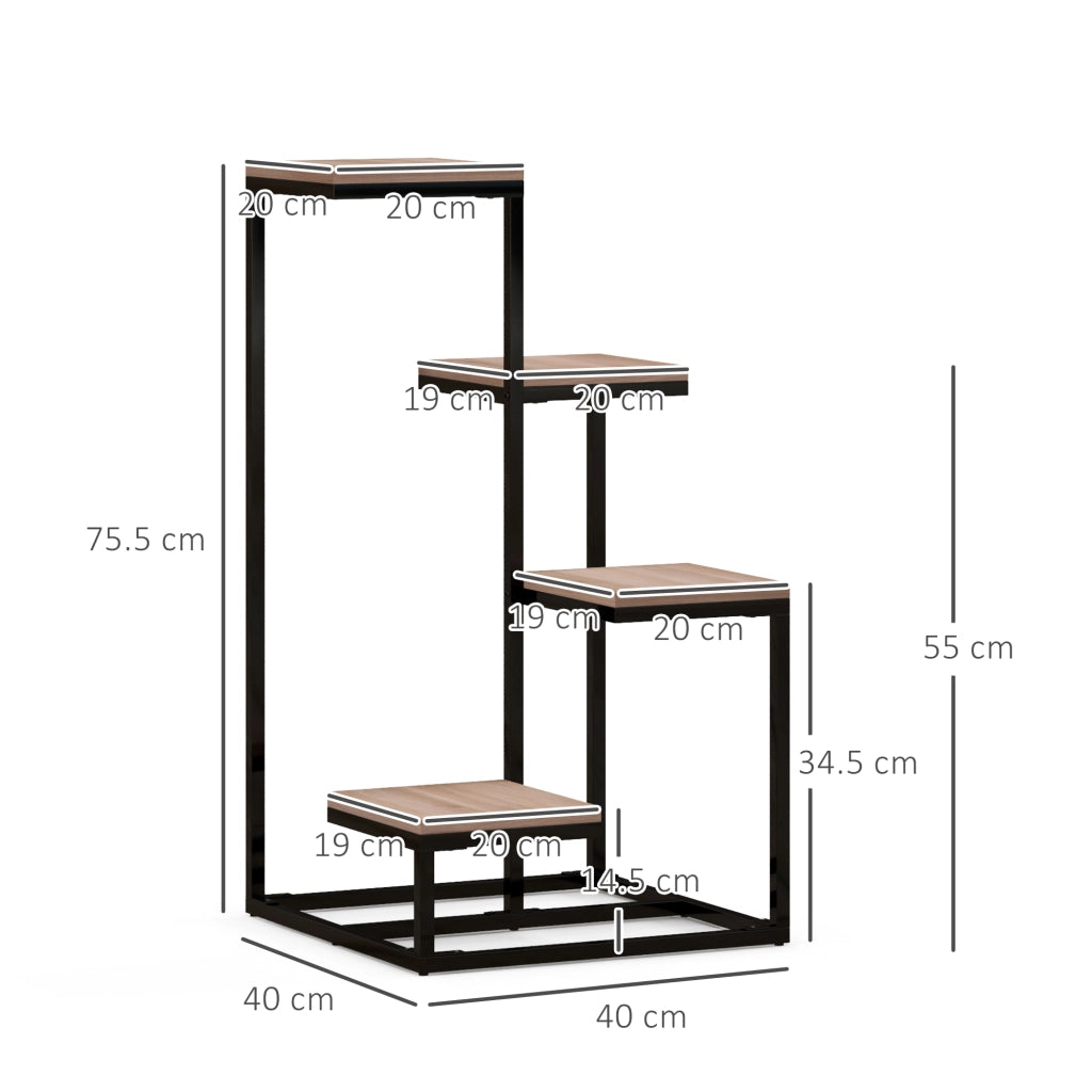 Scaffale per Piante a 4 Livelli in Acciaio e Legno, 40x40x75.5 cm, Marrone e Nero