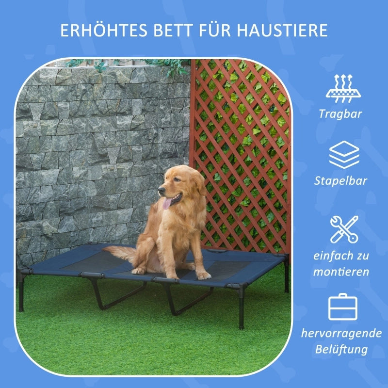 Lettino prendisole rialzato per cani con struttura in metallo e design compatto in metallo blu scuro