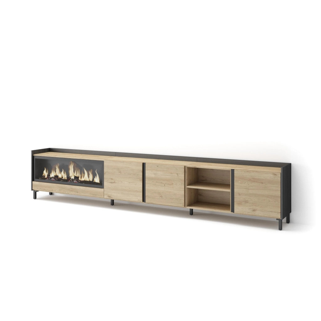 Mobile TV Soggiorno, 315x61x35 cm, Per TV fino a 80", Camino elettrico XXL, Design industriale, Rovere e nero