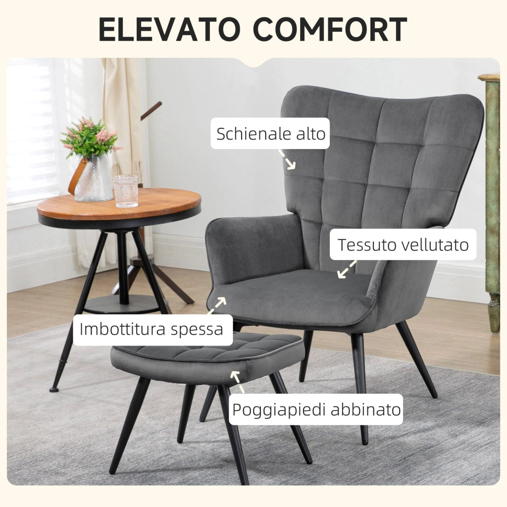 Poltrona D'Arredo Imbottita  con Braccioli e Poggiapiedi Integrato in Tessuto Effetto Velluto Grigio Scuro