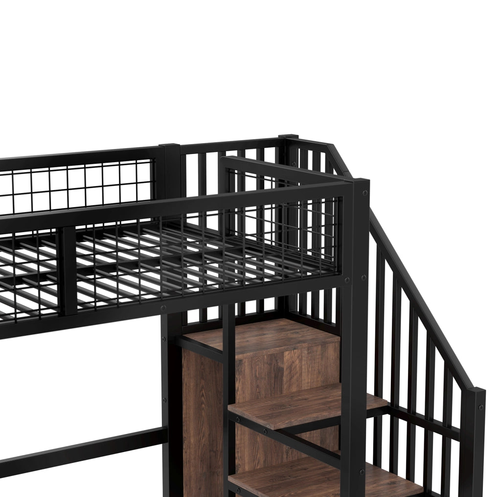 Letto a soppalco 90x200 cm con scrivania; scaffali e armadio in MDF e metallo nero e marrone