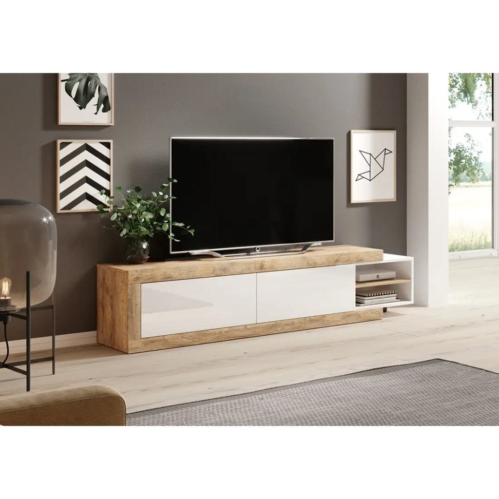 Mobile TV estensibile SINATRA – Rovere e bianco lucido – 2 porte + nicchie – L200 a 240 x H43,4 x P40 cm