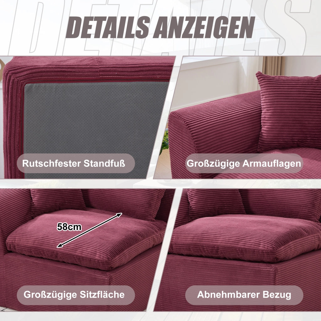 OKWISH Poltrona in Velluto a Coste, Seduta Imbottita con Cuscino e Design Minimalista, Rosso Vino, 101 × 102.5 × 84 cm