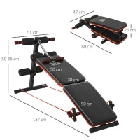 Panca per Addominali Pieghevole e Regolabile con Vogatore e 2 Corde, in Acciaio 51x137x50-66 cm, Nera e Rossa
