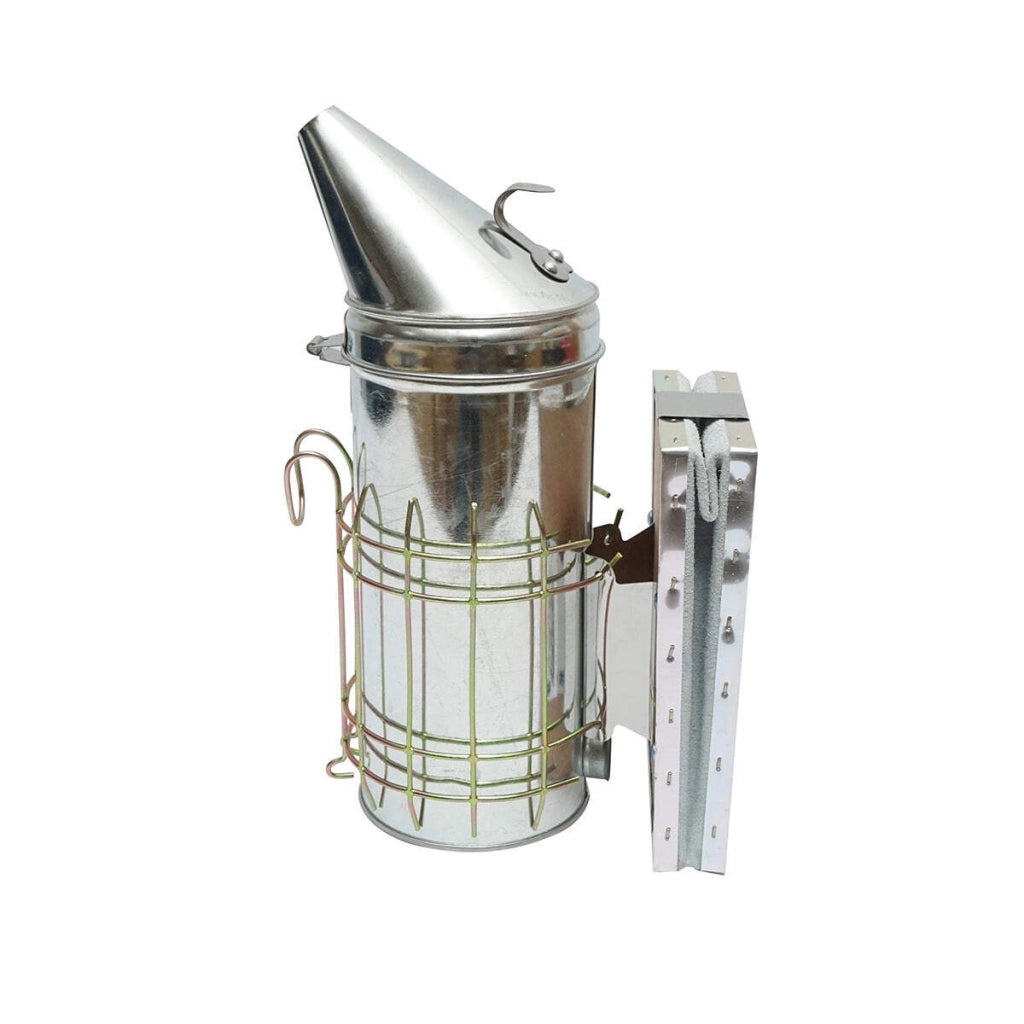 Affumicatore per api in acciaio galvanizzato con cilindro, scudo termico e soffietto in pelle, 230 mm