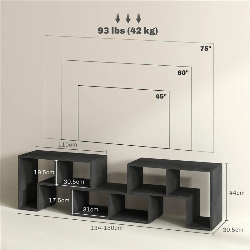 MOBILE TV 75" MAX MODULABILE CON 2 RIPIANI A L E MENSOLA RETTANGOLARE IN LEGNO 134-180X30.5X44 CM NERO