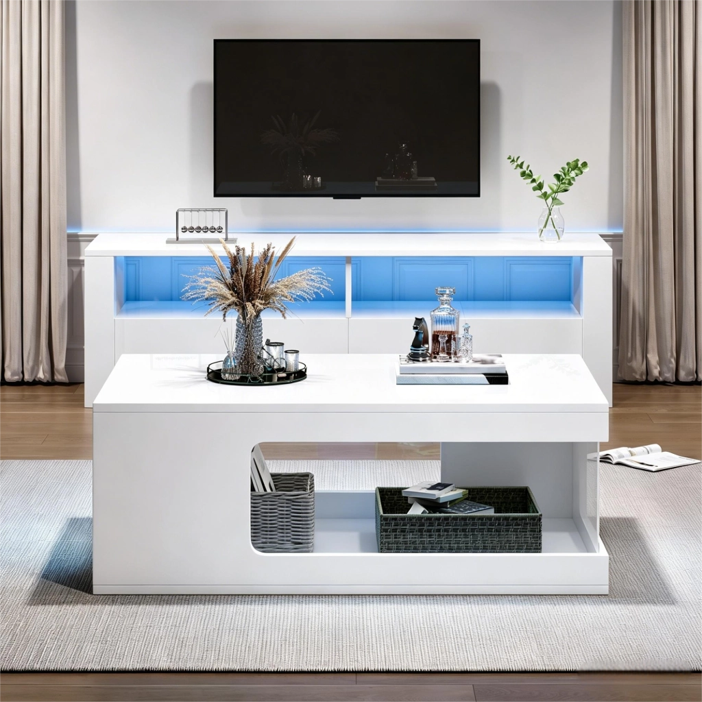 Tavolino da Caff¨¨ con LED e Ripiani in Vetro Temperato ¨C MINIMAL ¨C Bianco, 100x50x35