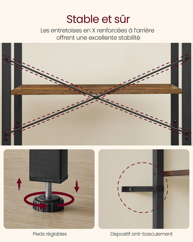 Libreria a 4 ripiani scaffale a scala robusta struttura in ferro stile industriale marrone 12_0004255