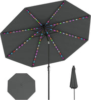 Ombrellone da Esterno 288 cm, con 96 Luci LED, Ombrellone Giardino con Inclinazione Regolabile, Manovella, 8 Stecche e Top Ventilato, Parasole da Mercato per Giardino Spiaggia (Grigio)