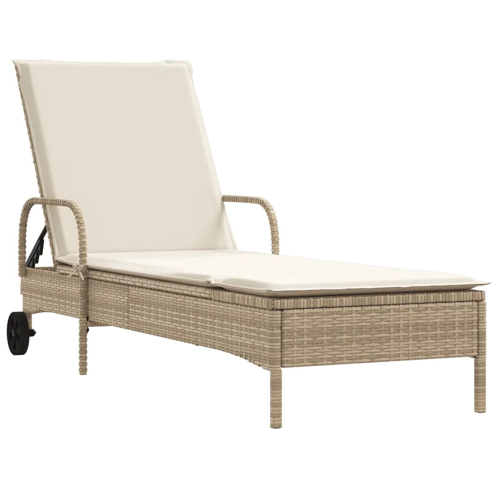 vidaXL Lettino Prendisole con Ruote e Cuscino in Polyrattan Beige