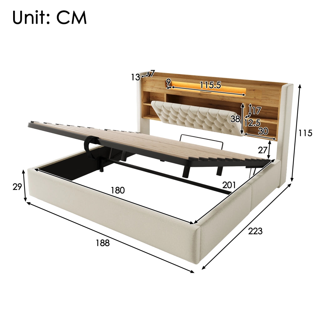Letto Imbottito Contenitore 180x200 con LED e USB ¨C MINIMAL ¨C Beige, Tessuto Lino, Idraulico