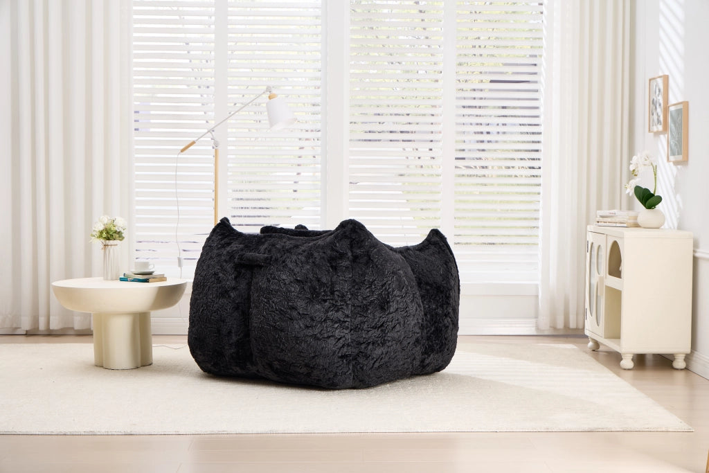 Pouf poltrona in pelliccia sintetica con schienale ergonomico e imbottitura in schiuma senza montaggio nero