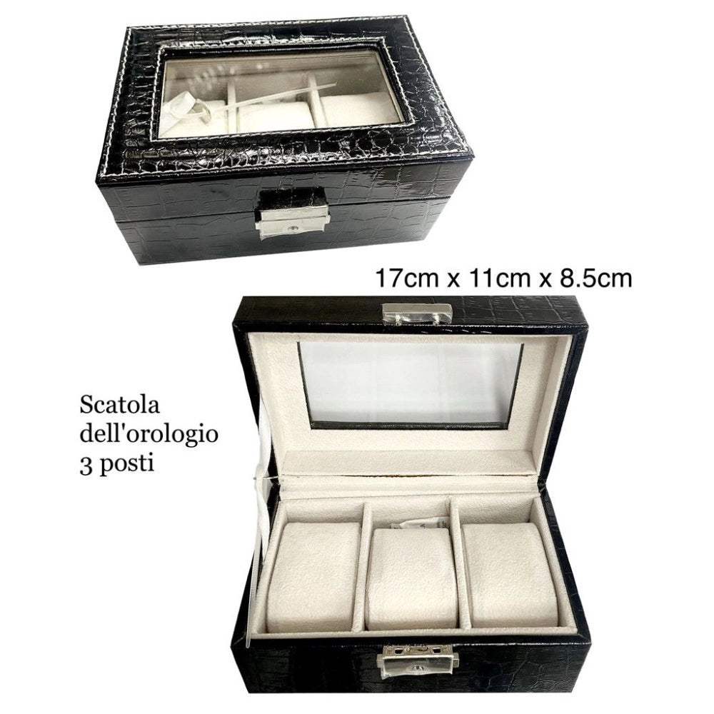 Trade Shop - Scatola Porta Orologi 3 Posti Con Vetro Custodia Elegante Effetto Pelle Nera -