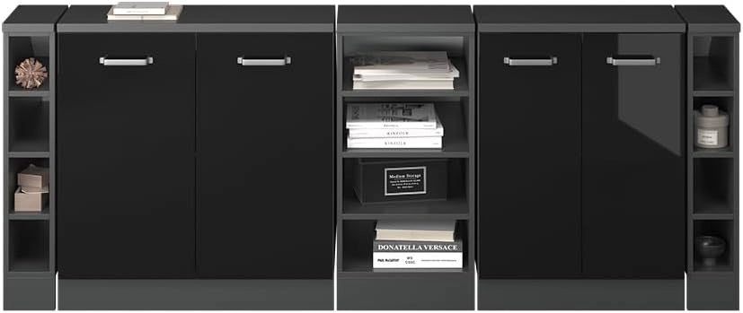 Set di mobili sottotetto Rion, Nero lucido, 210 cm Set di 5 carcasse armadio profondità 60 cm, adatto per il salvaspazio sotto tetti spioventi