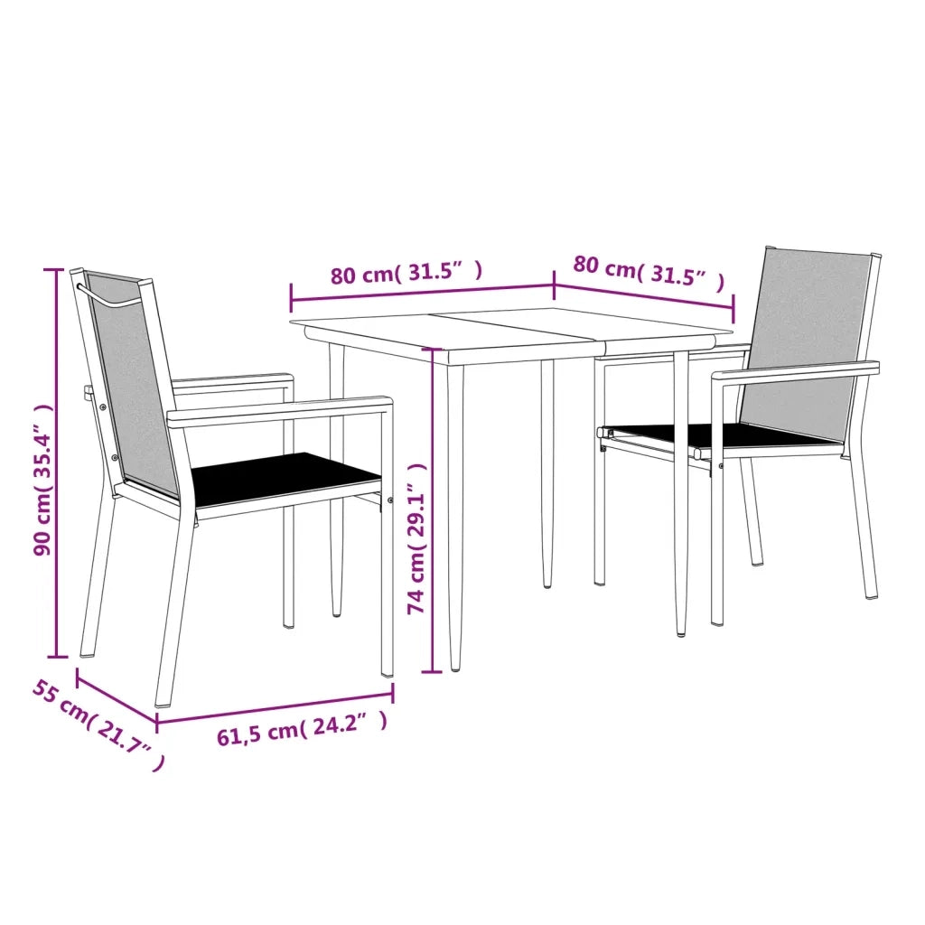 Set da Pranzo da Giardino 3 pz | Set Salotto da Giardino Nero in Textilene e Acciaio