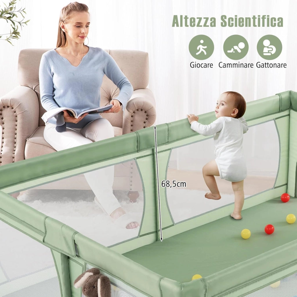 Recinto per Bambini, Box per Neonati con Rete Traspirante, Centro Attività con 50 Palline, Box Giochi per Bambini 0-3 Anni (Verde, 206 x 147 cm)