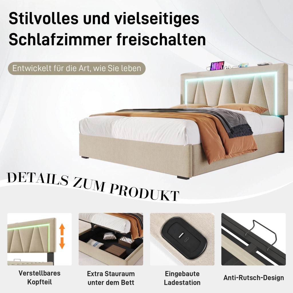 LETTO Contenitore 160x200 cm in lino beige con LED e USB Type C