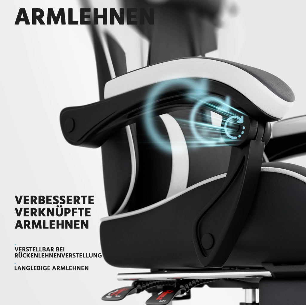 Sedia gaming ergonomica con supporto lombare e poggiapiedi; PVC nero e bianco