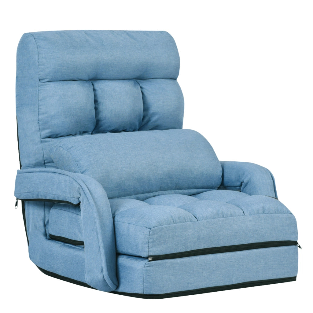 Divano letto in tessuto regolabile in 5 livelli con braccioli e cuscino pieghevole da terra, 173x67x12cm Blu-Divani letto