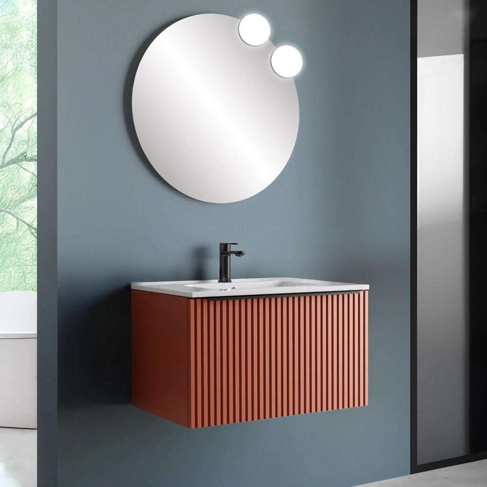 Mobile bagno sospeso 70 cm color terracotta cannettato con cassetto e lavabo Nara