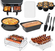 Set di accessori 10 pezzi adatto per Airfryer Dual Zona 8-10 Quart - Con Piatto per Torta - Set di accessori Airfryer - Piatto per Pizza - Griglia - Spiedini e Cartucce per Liner