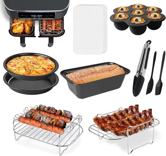 Set di accessori 10 pezzi adatto per Airfryer Dual Zona 8-10 Quart - Con Piatto per Torta - Set di accessori Airfryer - Piatto per Pizza - Griglia - Spiedini e Cartucce per Liner