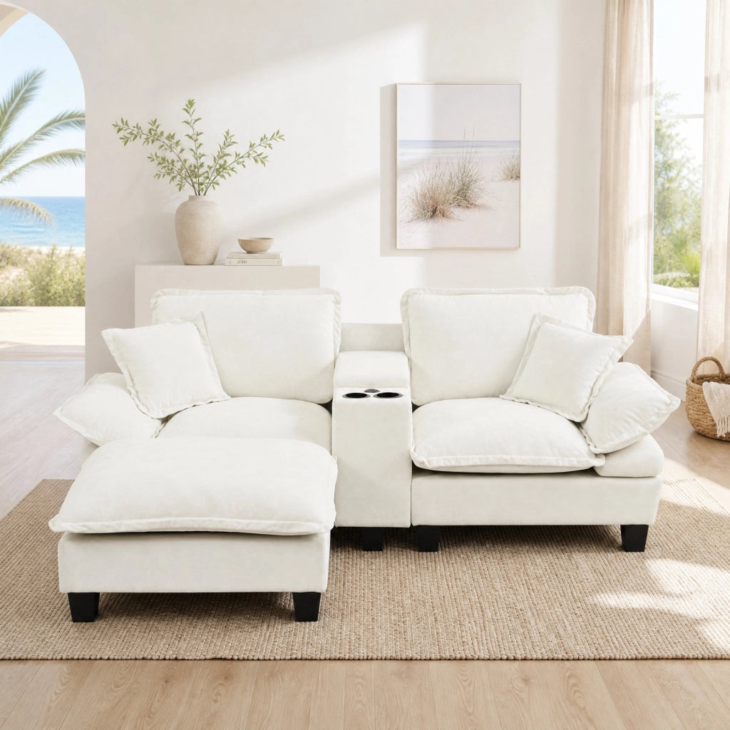 Divano modulare a L con contenitore, portabicchieri e porta USB in chenille beige 224 × 151 × 90 cm