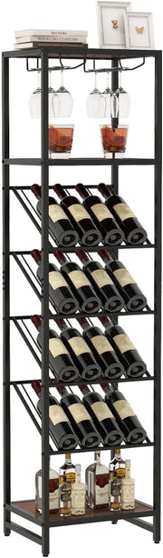 Armadietto per vino per 16 bottiglie con portabicchieri, 3 ripiani aperti, supporto di presentazione industriale con telaio in metallo, mensola da cucina per sala da pranzo, bar a casa