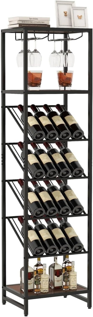 Armadietto per vino per 16 bottiglie con portabicchieri, 3 ripiani aperti, supporto di presentazione industriale con telaio in metallo, mensola da cucina per sala da pranzo, bar a casa