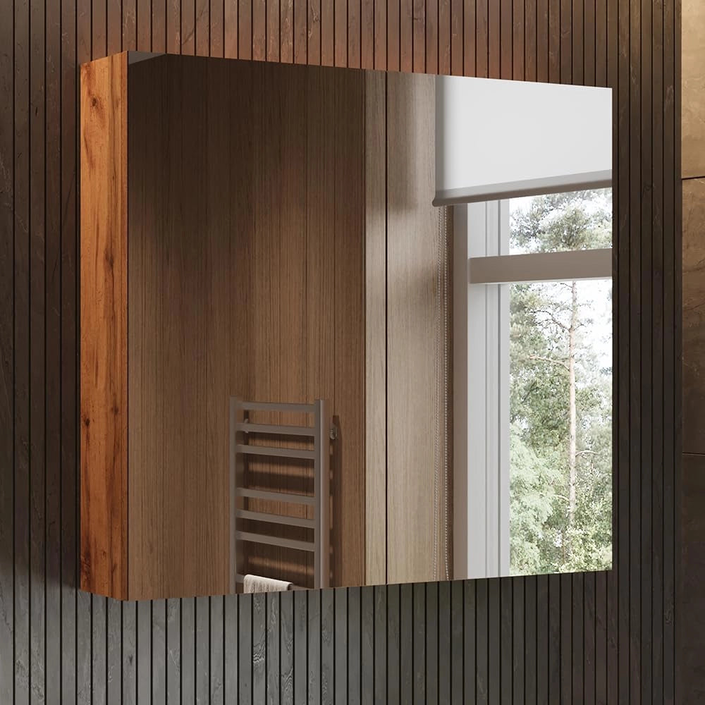 Specchio contenitore bagno Lotta, Rovere, 79.7 x 73.2 cm con 2 porte, per montaggio a parete con specchio integrato e ripiani