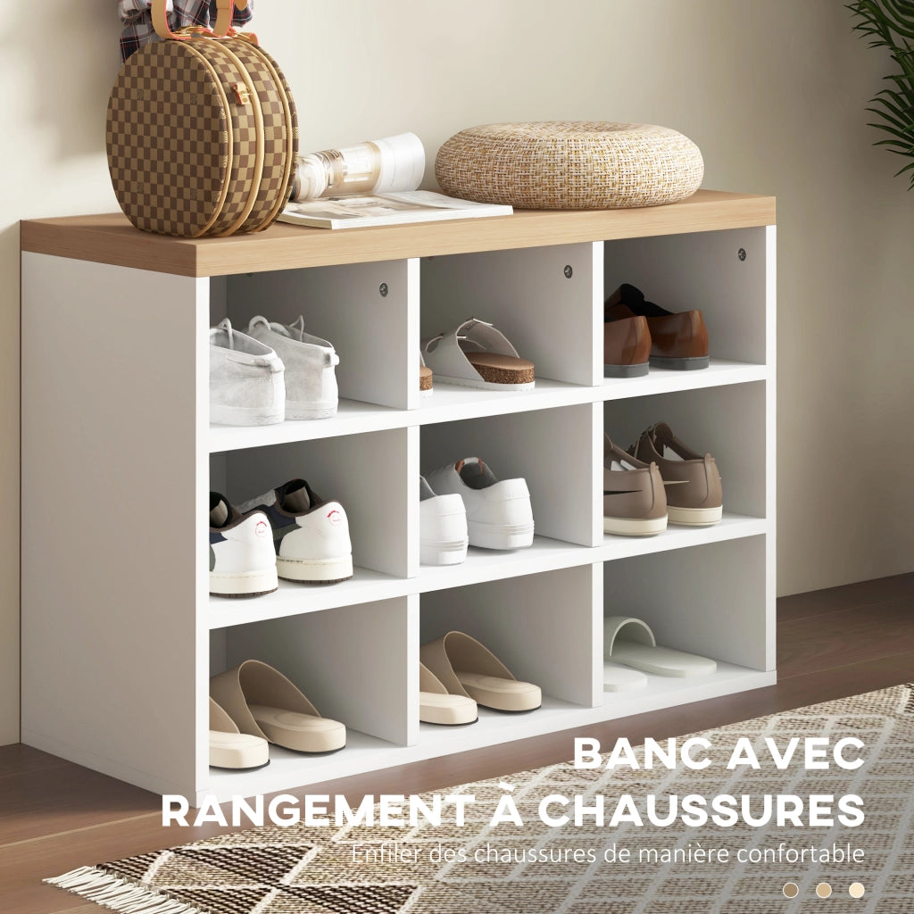 Mobile ingresso 2-in-1 appendiabiti panca portascarpe ¨C Xylo ¨C 9 scomparti 3 ganci bianco rovere 75x30x50cm