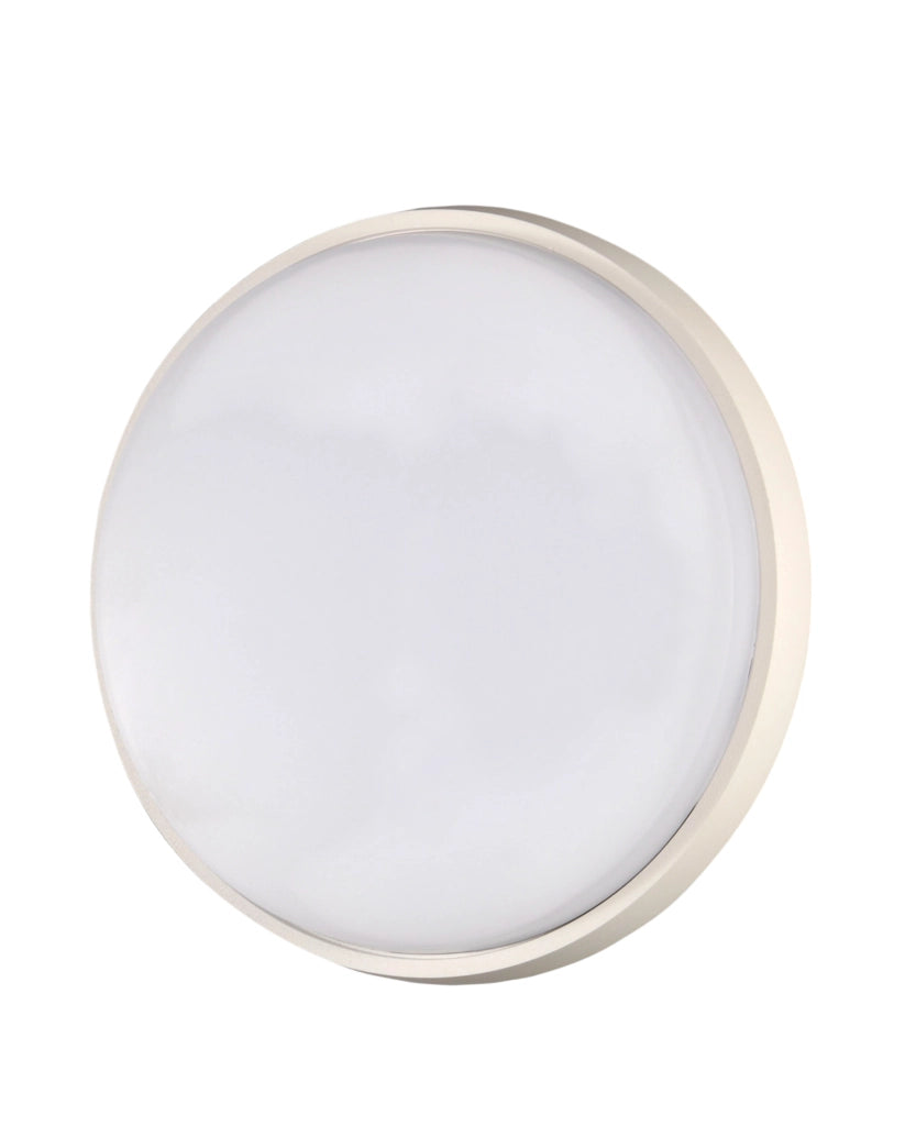 Olly Plafoniera LED a soffitto in metallo e policarbonato, luce calda 3000K, 30W, IP54, design circolare minimalista bianco, codice 3315-65-102