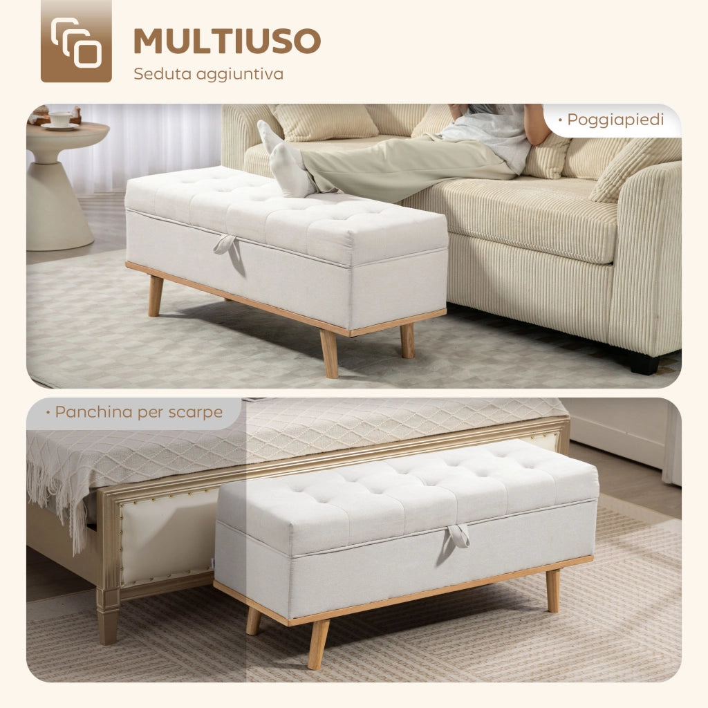 Panca Contenitore 118x42x45 cm da 80L Imbottita con Rivestimento in Tessuto e Gambe in Legno Crema