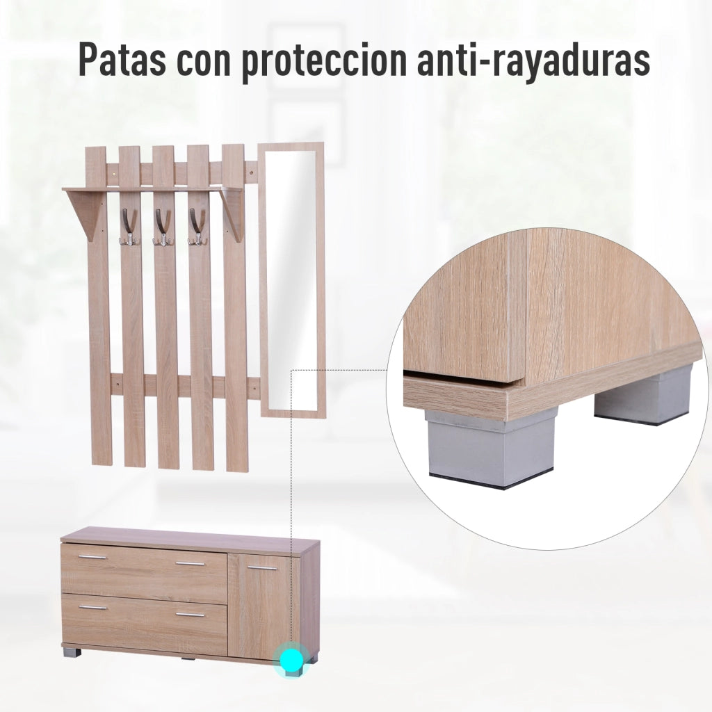 Set Ingresso con Specchio Appendiabiti Scarpiera 3 Ganci Ripiani e 2 Cassetti ¨C Zephmum ¨C Rovere