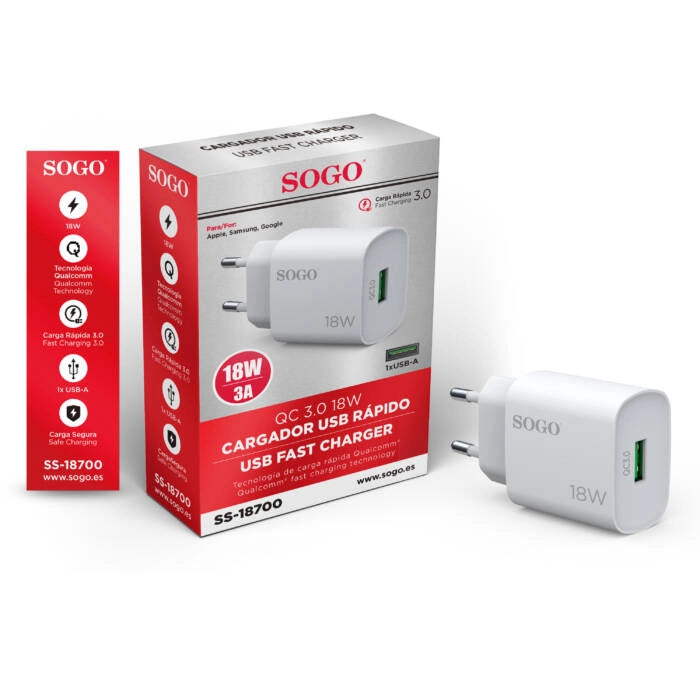 Caricatore USB rapido 18W con Quick Charge 3.0, uscita 5V 9V 12V, per smartphone e tablet - SOGO