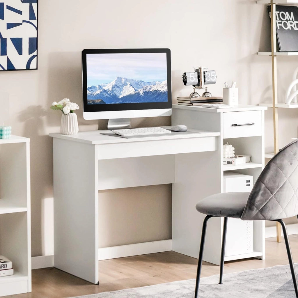 Scrivania con Cassetto, Scrivania da Computer, Tavolo da ufficio, 104 x 50 x 82cm (Bianco)