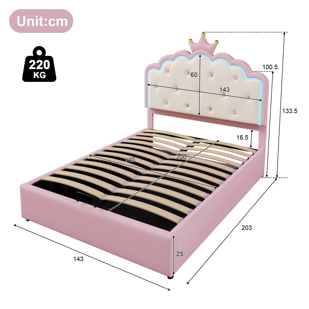 LETTO Imbottito 140x200 cm in PU Rosa con illuminazione LED e contenitore idraulico