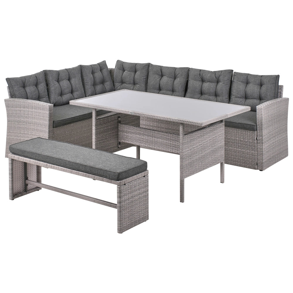 Set da pranzo ad angolo da giardino grigio finto rattan con cuscini divano panca tavolo rettangolare piano in vetro 80 x 145 cm vimini