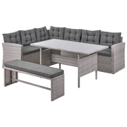Set da pranzo ad angolo da giardino grigio finto rattan con cuscini divano panca tavolo rettangolare piano in vetro 80 x 145 cm vimini
