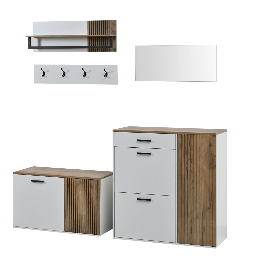 Composizione ingresso 5 pezzi con scarpiera; panca; specchio e 4 ganci; bianco e rovere