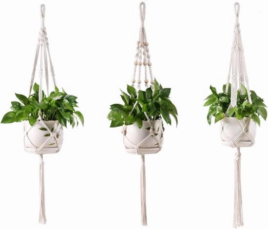 Hanger per piante 3 pezzi con fiori in macramé - hanger a coton per decorazione di parete e soffitto - decorazione per balcone, giardino, casa e ufficio