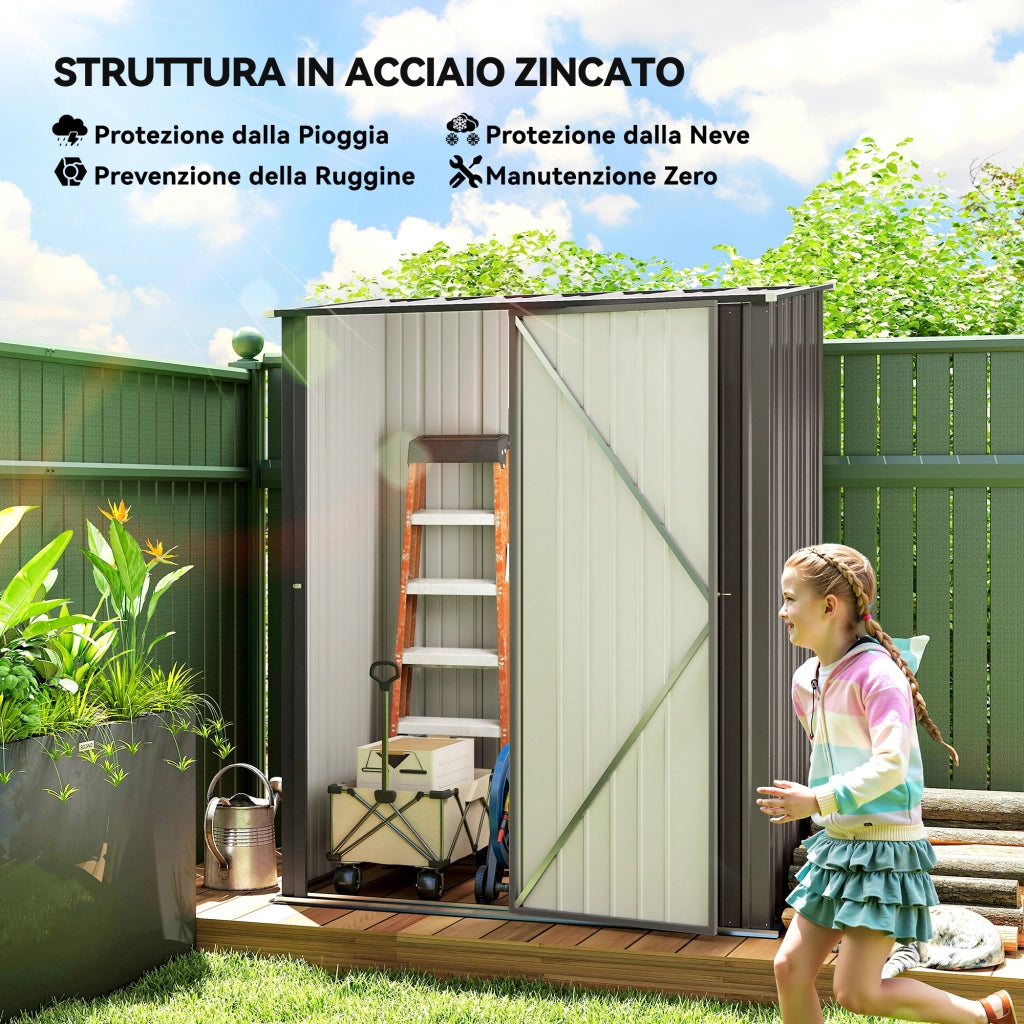 Casetta da Giardino in Acciaio Porta Attrezzi con Catenaccio. 161.5x94.5x196cm. Grigio Chiaro