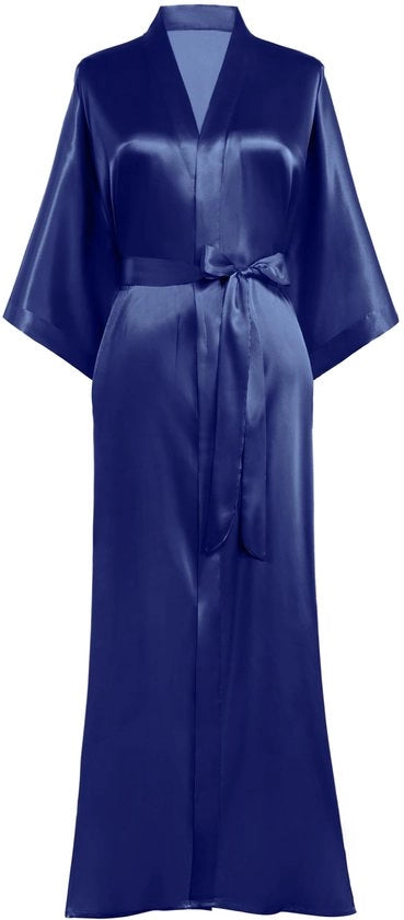 Kimono da bagno per donna in seta con cintura, lungo, colore notte, colore blu scuro, luce trasparente, leggero, notturno.
