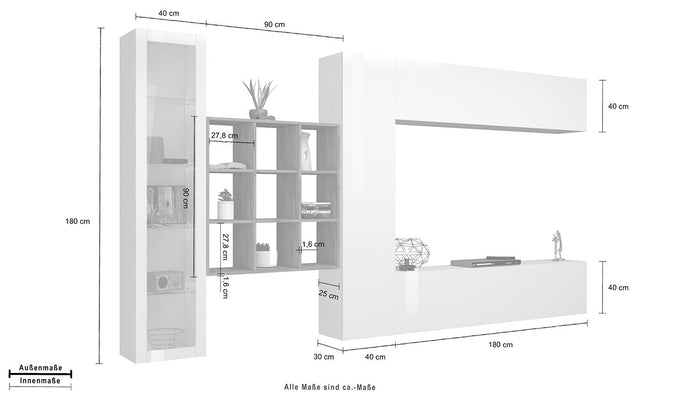 Parete Attrezzata Soggiorno 350x30x180 cm Maruska n°23 Bianco Lucido/Rovere Wotan