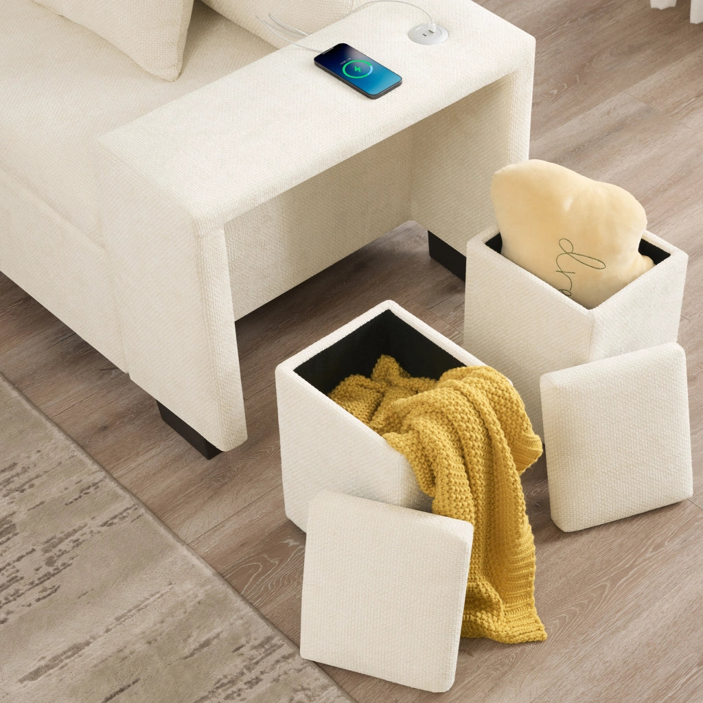 Divano angolare convertibile con vano contenitore; USB e USB-C; 4 cuscini; chenille beige