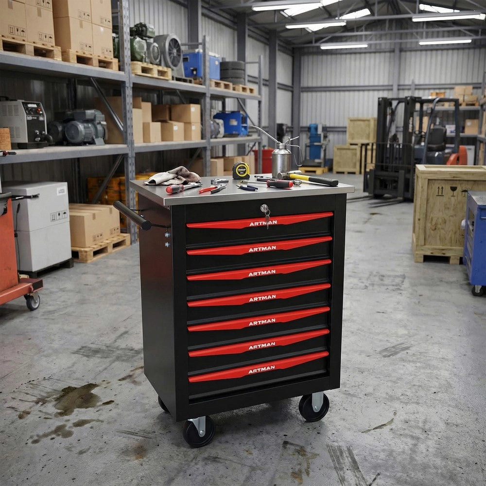Carrello Portautensili 7 Cassetti con Ruote ¨C MINIMAL ¨C Metallo, Nero e Rosso