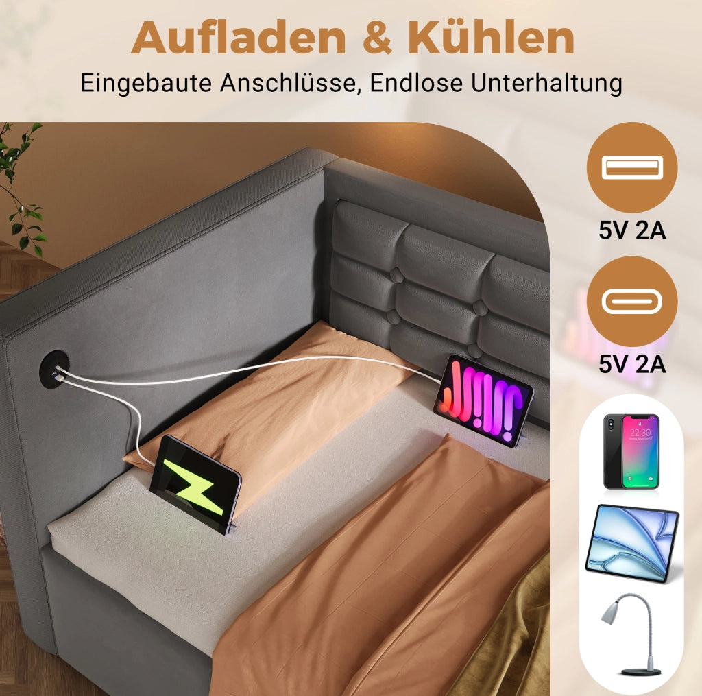 Letto singolo imbottito 90x200 con vano idraulico e USB-C