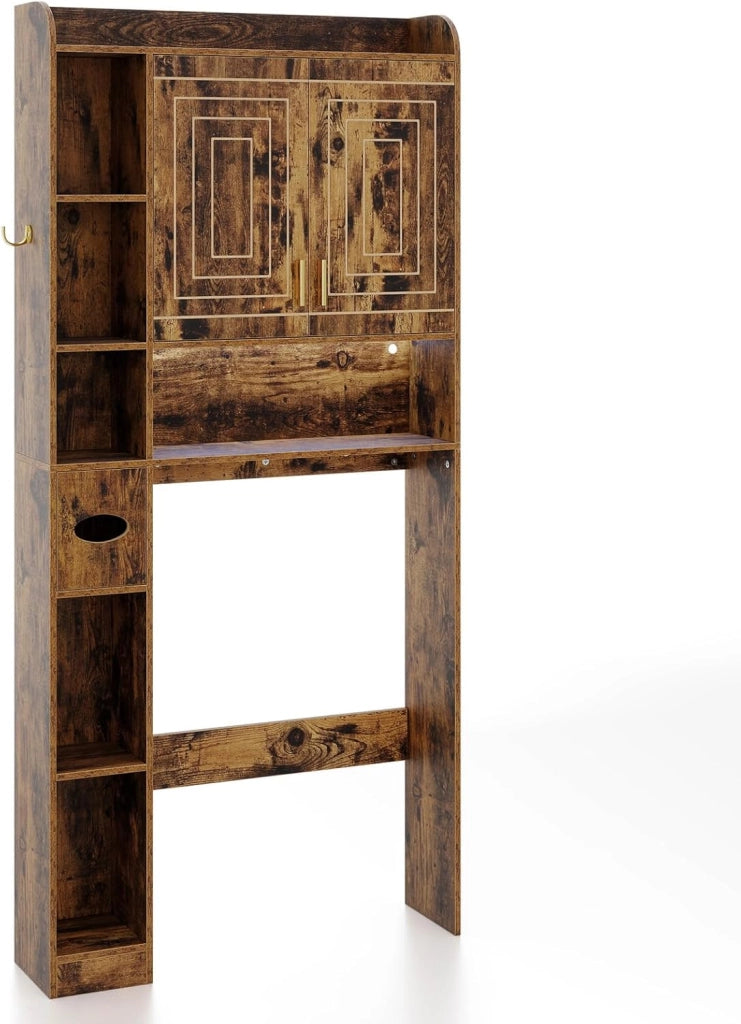 Mobile su WC con striscia luminosa, armadio da bagno con porte, ripiani aperti, supporto per carta igienica e gancio laterale, 80 x 20 x 171 cm, scaffale di stoccaggio (Grigio)